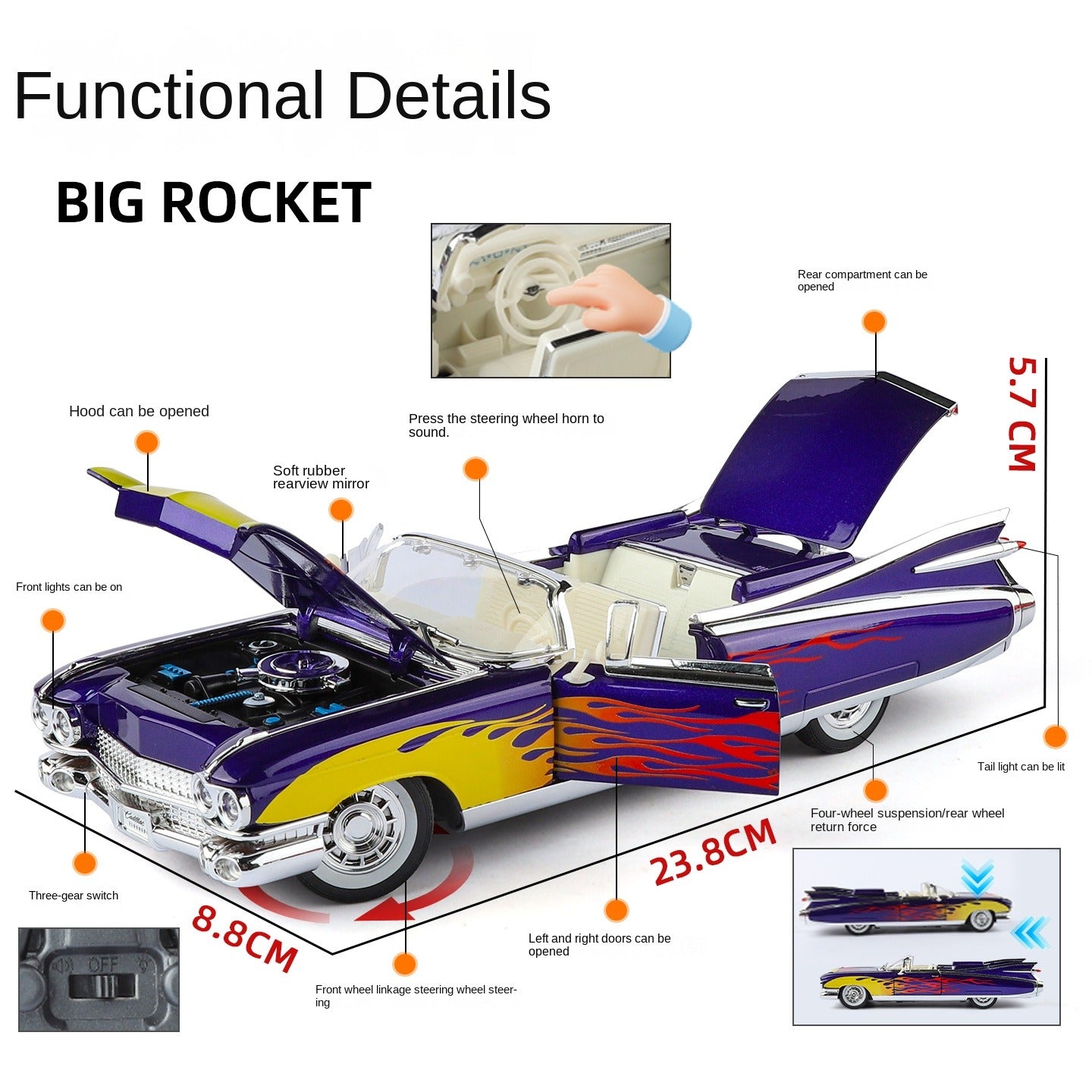Jinglifang 1:24 Scale Convertible Edition Die-Cast Alloy Model Toy Compatible with Cadillac Eldorado - Opening Doors, Sound & Light, Pull-Back Function, Shock Absorption, Steering & Horn - Classic Luxury Car Collection