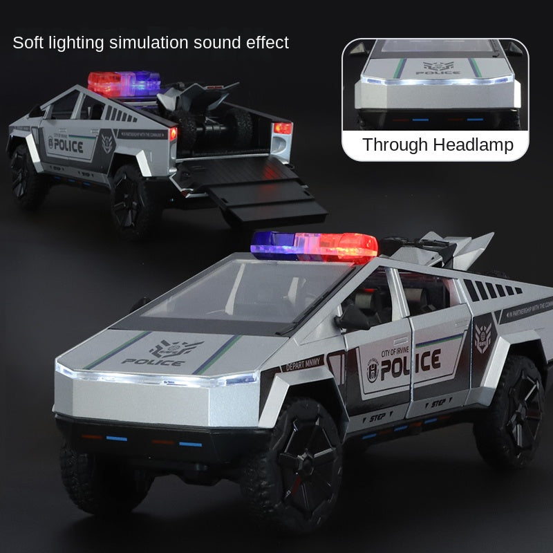 XHD 1:24 Tesla Cybertruck Police Model - Includes Mini Motorcycle, with Sound & Light, Opening Doors, Pull-Back, Shock Absorption & Steering