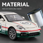 Modelo de juguete Chezhi a escala 1:32 de aleación fundida a presión, compatible con Porsche Panamera Track Edition. Puertas que se abren, sonido e iluminación, función de retroceso y alerón trasero ajustable. Colección de sedán deportivo.