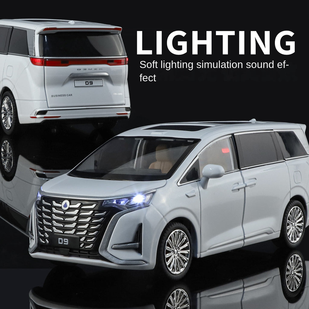 Juguete modelo ZGTX de aleación fundida a presión a escala 1:24 compatible con Denza D9: puertas que se abren, sonido e iluminación, función de retroceso, amortiguación, dirección y bocina. Colección de monovolúmenes de lujo.