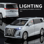 Juguete modelo ZGTX de aleación fundida a presión a escala 1:24 compatible con Denza D9: puertas que se abren, sonido e iluminación, función de retroceso, amortiguación, dirección y bocina. Colección de monovolúmenes de lujo.