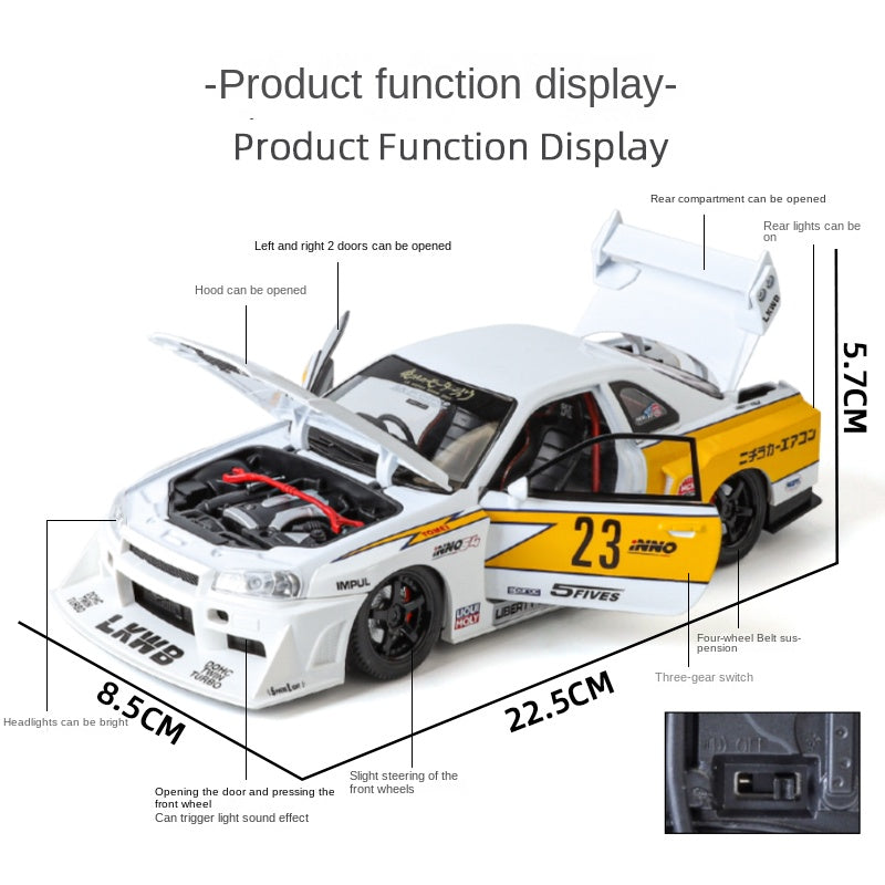 Jinglifang 1:24 Scale Tuned Edition Die-Cast Alloy Model Toy Compatible with Nissan Skyline GT-R - Opening Doors, Sound & Light, Shock Absorption & Steering - JDM Sports Car Collection