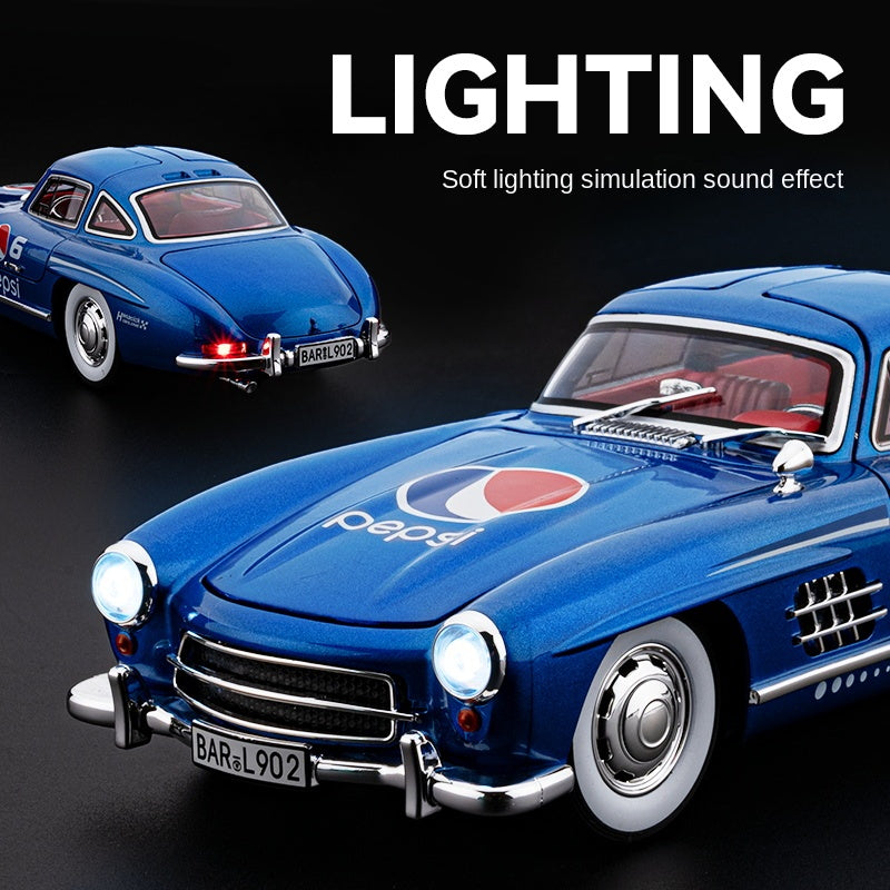 Chezhi 1:24 Scale Coca-Cola Livery Edition Die-Cast Alloy Model Toy Compatible with Mercedes-Benz 300SL - Opening Doors, Sound & Light, Pull-Back Function, Shock Absorption, Steering & Horn - Classic Sports Car Collection