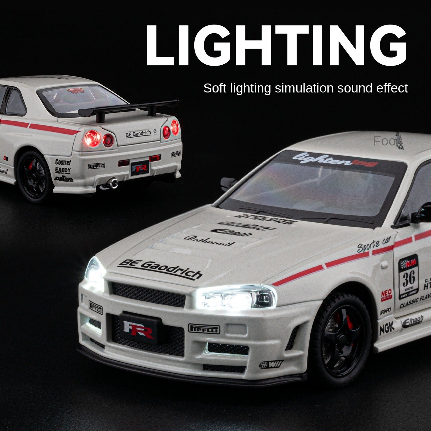 Chezhi 1:24 Scale Tuned Edition Die-Cast Alloy Model Toy Compatible with Nissan Skyline GT-R R34 - Opening Doors, Sound & Light, Pull-Back Function, Shock Absorption, Steering, Horn, Foldable Mirrors & Removable Fuel Cap - JDM Sports Car Collection