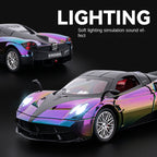 Modelo de juguete Chezhi de aleación fundida a presión, edición cromada, escala 1:24, compatible con Pagani Zonda C12: puertas que se abren, sonido e iluminación, función de retroceso, amortiguación, dirección y bocina - Colección de superdeportivos
