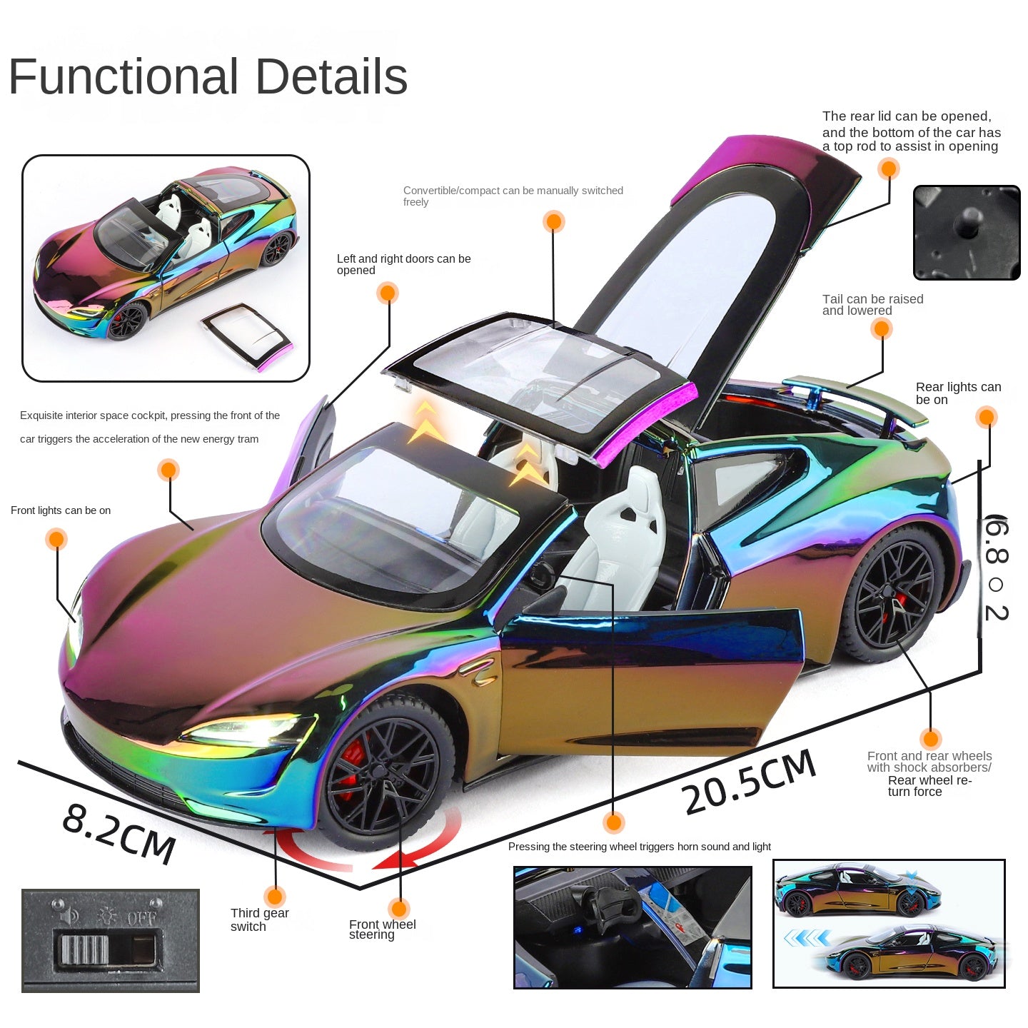Tesla Roadster a escala 1:24, modelo de aleación fundida a presión, techo desmontable, puertas que se abren, sonido e iluminación, función de retroceso, amortiguación, dirección, bocina y alerón trasero ajustable. Colección de superdeportivos eléctricos.