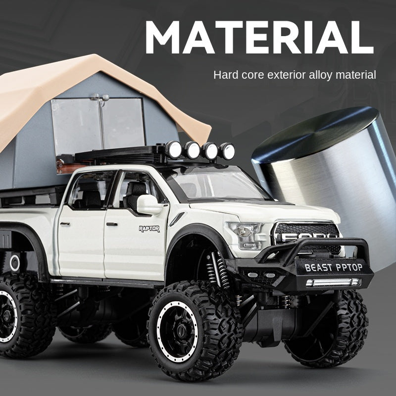 Chezhi 1:24 Scale Ford F-150 Raptor 6x6 RV Die-Cast Alloy Model Toy with Roof Accessories & Observation Cabin - Opening Doors, Sound & Light, Pull-Back Function & Shock Absorption - Adventure Camper Collection