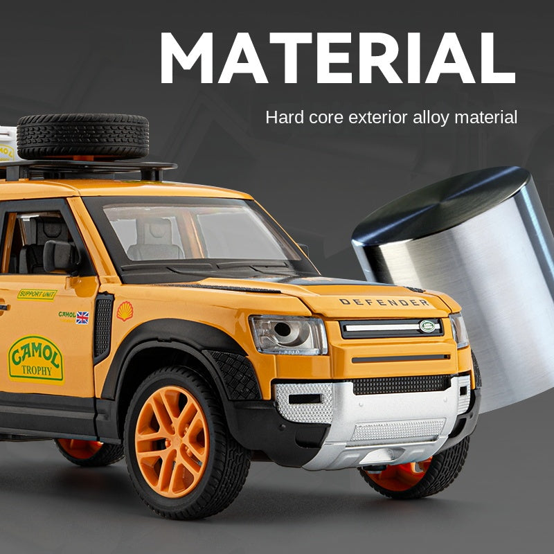 Beleying 1:24 Die-Cast Alloy Model - Compatible with Land Rover Defender - Gulf Oil / Camel Trophy Limited Edition with Roof Rack, Opening Doors, Sound & Light, Pull-Back Action & Shock Absorption