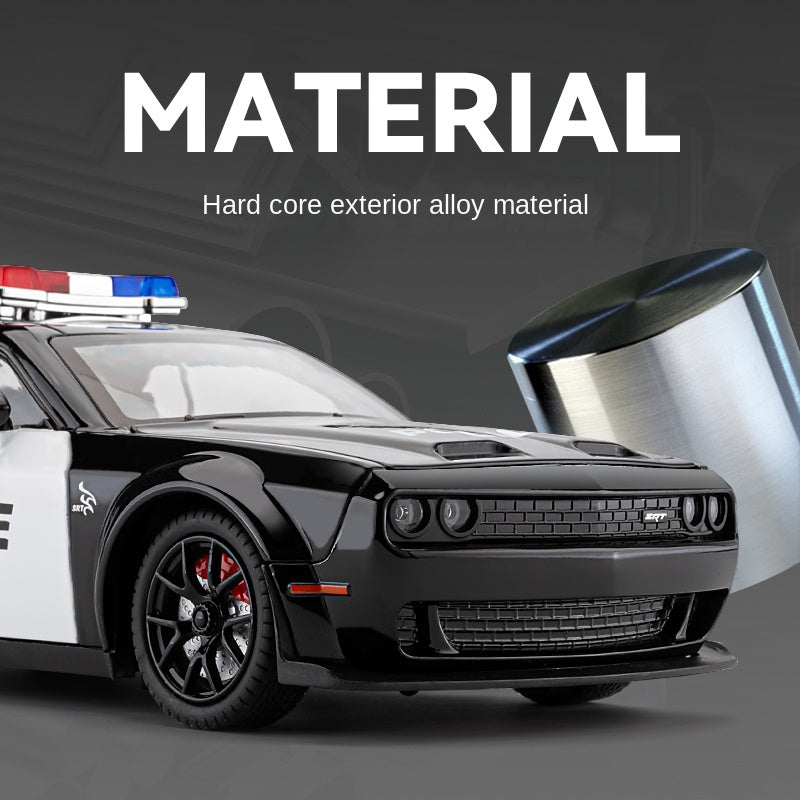 Chezhi 1:24 Die-Cast Alloy Model - Compatible with Dodge Challenger SRT Hellcat - Police Pursuit Vehicle with Opening Doors, Sound & Light, Pull-Back Action, Shock Absorption, Steering, Police Lights & Siren