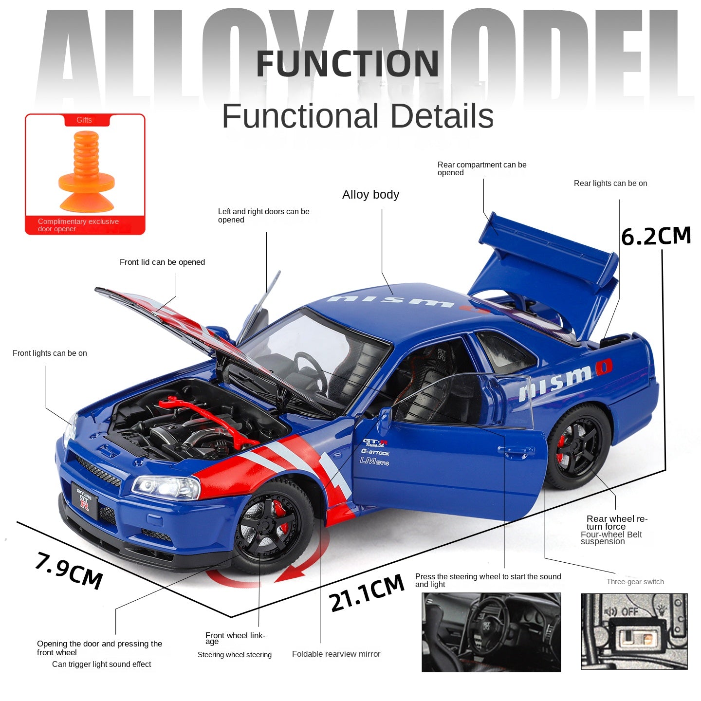 Jinglifang 1:24 Scale Die-Cast Alloy Model Toy Compatible with Nissan GT-R - Opening Doors, Sound & Light, Pull-Back Function, Shock Absorption, Steering & Foldable Mirrors - JDM Sports Car Collection