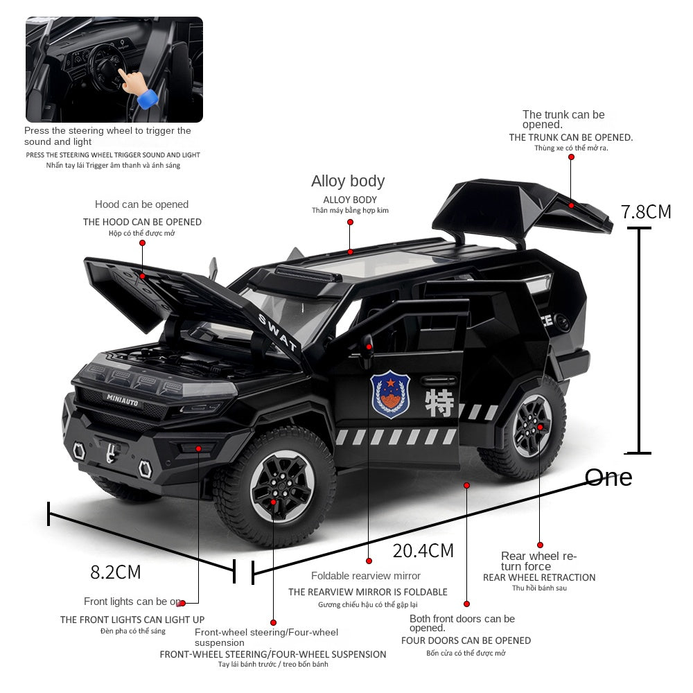 MINIAUTO 1:24 Scale Die-Cast Alloy Model Toy Compatible with Rezvani Vengeance Police Edition - Working Roof Lightbar, Opening Doors, Sound & Light, Pull-Back Function, Shock Absorption, Steering & Horn - Law Enforcement Vehicle Collection