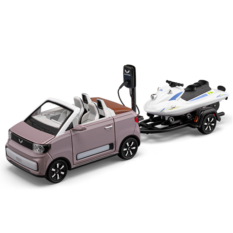 Chezhi 1:24 Die-Cast Alloy Model - Compatible with Wuling MINI EV & Motorboat Trailer Set - Compact Leisure Kit with Opening Doors, Sound & Light & Pull-Back Action