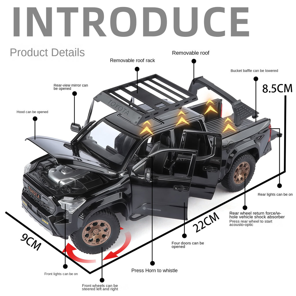 ZGTX 1:24 Scale Licensed Toyota Tacoma Die-Cast Alloy Pickup Truck Model Toy - Opening Doors, Sound & Light, Pull-Back Function, Shock Absorption, Steering, Horn & Removable Roof Rack - Off-Road Truck Collection