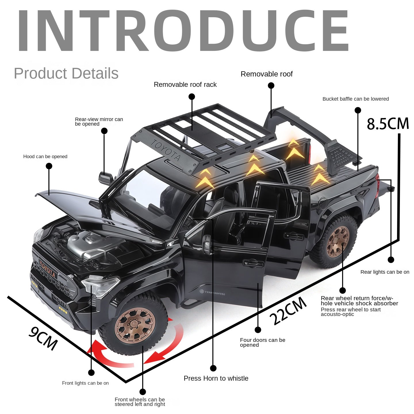 ZGTX 1:24 Scale Licensed Toyota Tacoma Die-Cast Alloy Pickup Truck Model Toy - Opening Doors, Sound & Light, Pull-Back Function, Shock Absorption, Steering, Horn & Removable Roof Rack - Off-Road Truck Collection