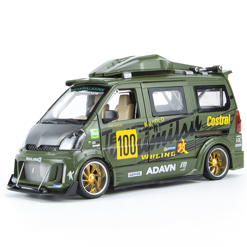 Jinglifang 1:24 Scale Tuned Edition Die-Cast Alloy Model Toy Compatible with Wuling Minivan - Opening Doors, Sound & Light, Pull-Back Function, Shock Absorption & Steering - JDM Custom Collection