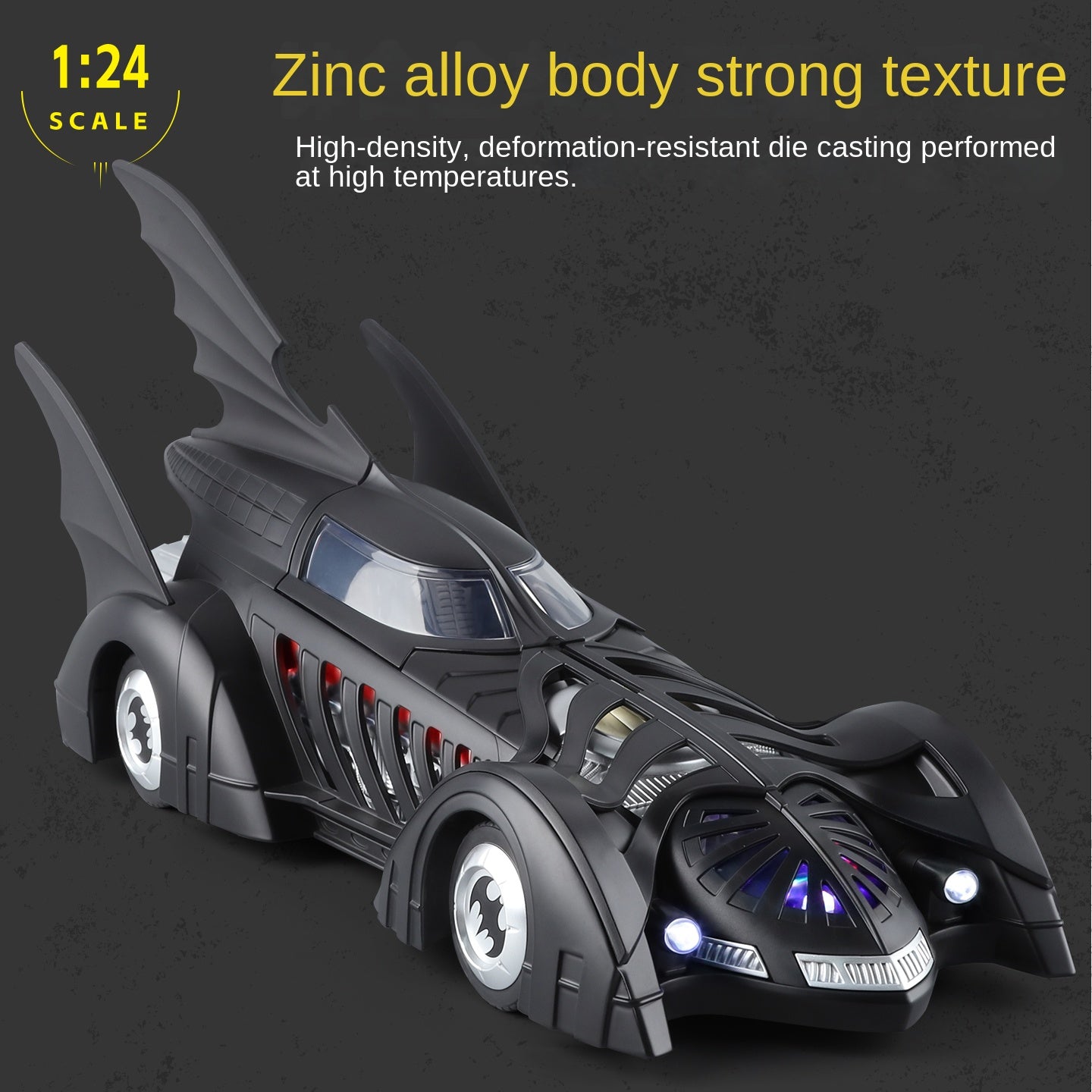 Qiyi 1:24 Scale Licensed 1995 Batmobile Die-Cast Alloy Model Toy - Smoke Effect, Removable Rear Wing, Opening Canopy, Sound & Light, Pull-Back Function, Shock Absorption & Steering - Movie Vehicle Collection
