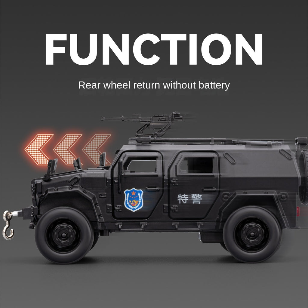 Vehículo blindado policial Dongfeng Mengshi Chezhi a escala 1:32, modelo de aleación fundida a presión. Cabrestante retráctil, puertas que se abren, sonido e iluminación, función de retroceso. Colección de vehículos policiales.