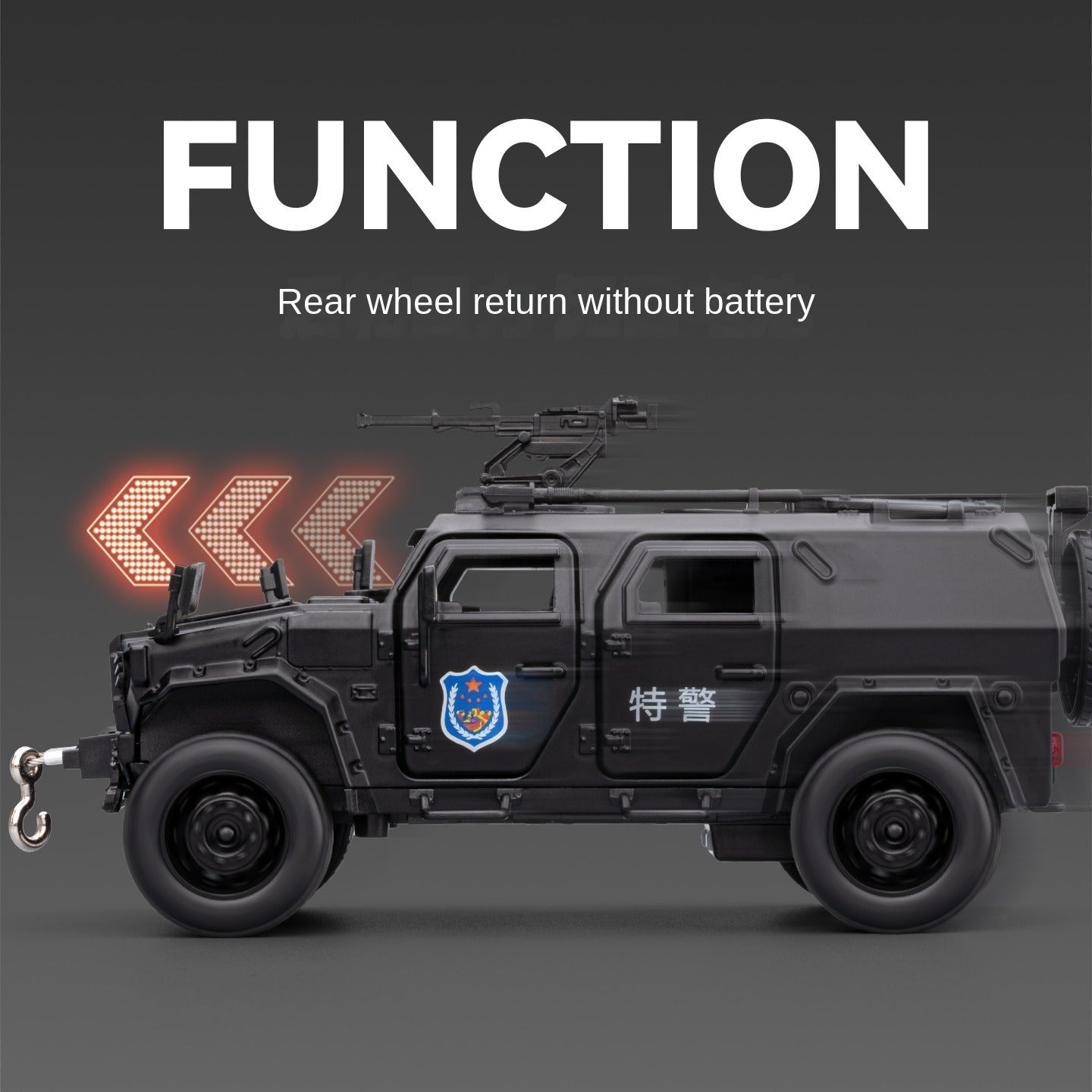 Vehículo blindado policial Dongfeng Mengshi Chezhi a escala 1:32, modelo de aleación fundida a presión. Cabrestante retráctil, puertas que se abren, sonido e iluminación, función de retroceso. Colección de vehículos policiales.