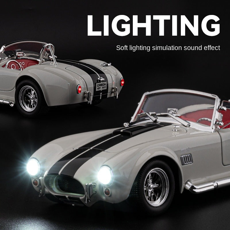 Modelo de juguete Chezhi a escala 1:24 de aleación fundida a presión compatible con Shelby Cobra: puertas que se abren, sonido e iluminación, función de retroceso, amortiguación, dirección y bocina. Colección de autos deportivos clásicos.