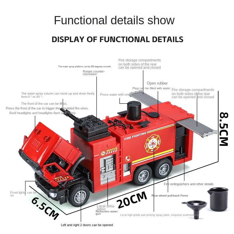 XHD 1:35 Scale Water Tank Fire Truck Die-Cast Alloy Model Toy - Press-to-Spray Water, Rotatable Water Monitor, Opening Doors, Sound & Light, Pull-Back Function - Emergency Vehicle Collection