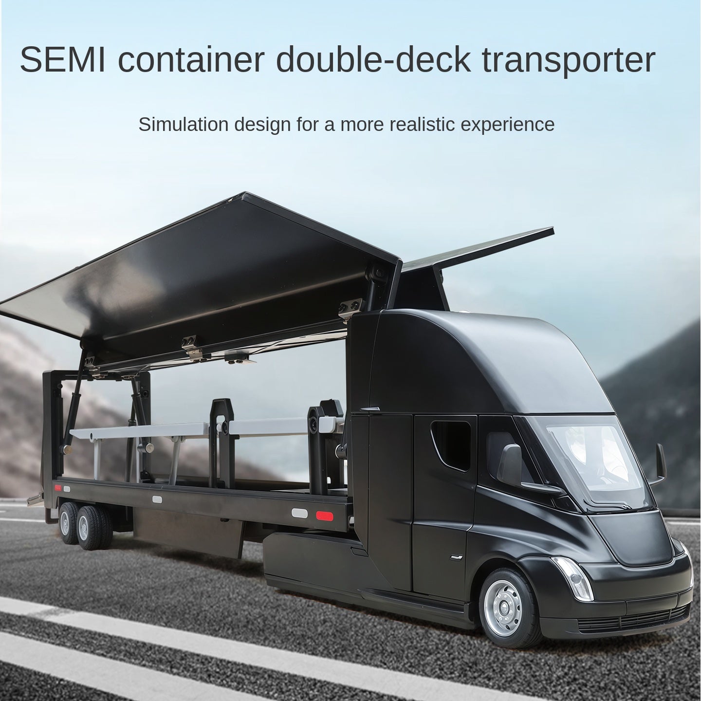 XHD 1:32 Scale Die-Cast Alloy Model Toy - Tesla Semi Double-Deck Container Transport Truck with Opening Doors, Sound & Light, Pull-Back Function & Shock Absorption - Electric Commercial Vehicle Collection
