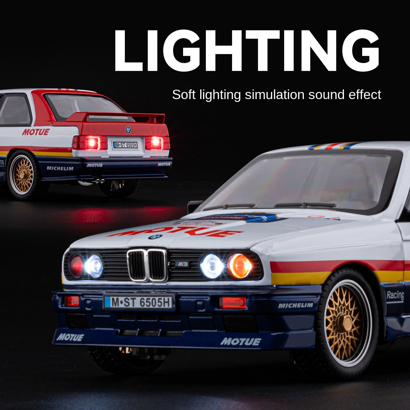 Chezhi 1:24 Scale Racing Livery Edition Die-Cast Alloy Model Toy Compatible with BMW M3 - Opening Doors, Sound & Light, Pull-Back Function, Shock Absorption, Steering, Horn, Foldable Mirrors & Removable Fuel Cap - Sports Car Collection