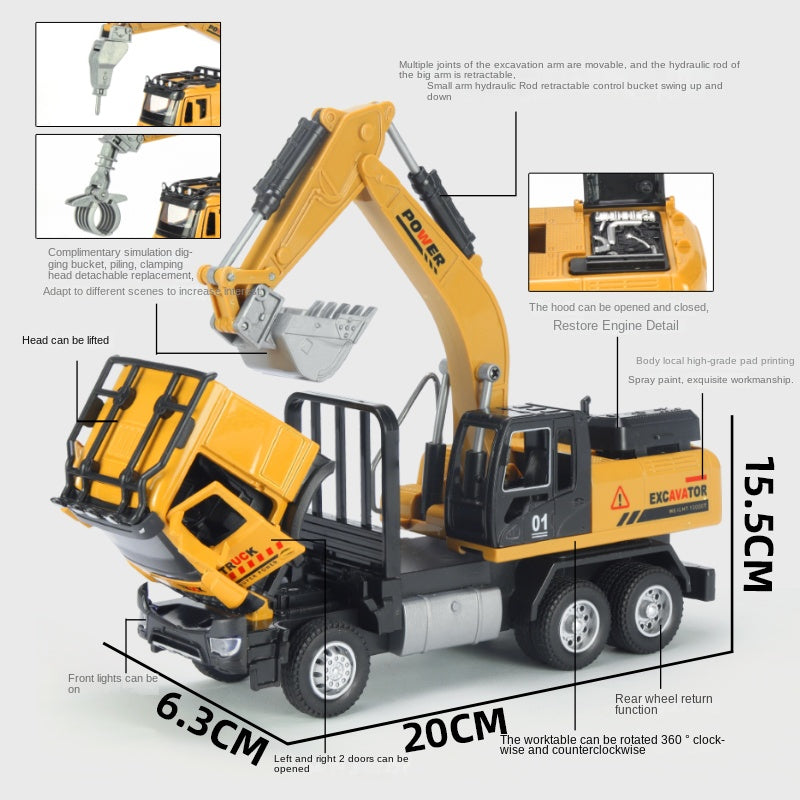 XHD 1:35 Scale Engineering Excavator Die-Cast Alloy Model Toy with Interchangeable Attachments - Excavator Bucket / Pile Driver / Log Grapple, Opening Doors, Sound & Light, Pull-Back Function - Construction Vehicle Collection