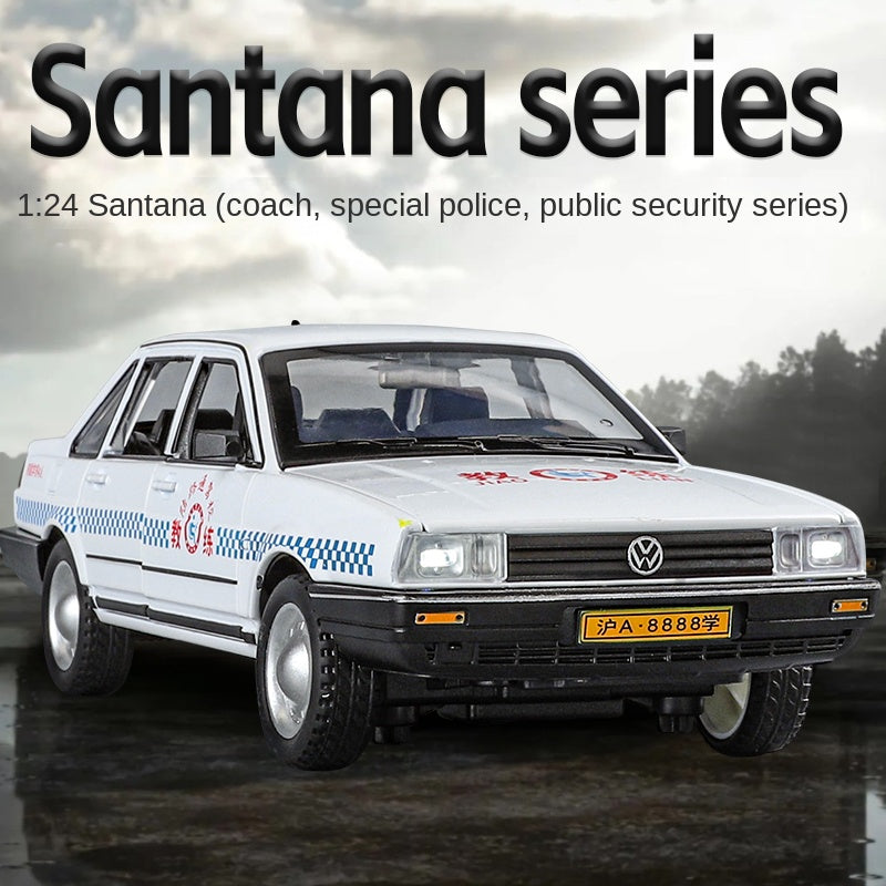 XHD 1:24 Scale Die-Cast Alloy Model Toy Compatible with Santana - Police / Driving School / Taxi Designs, Opening Doors, Sound & Light, Pull-Back Function, Shock Absorption & Steering - Multi-Role Vehicle Collection