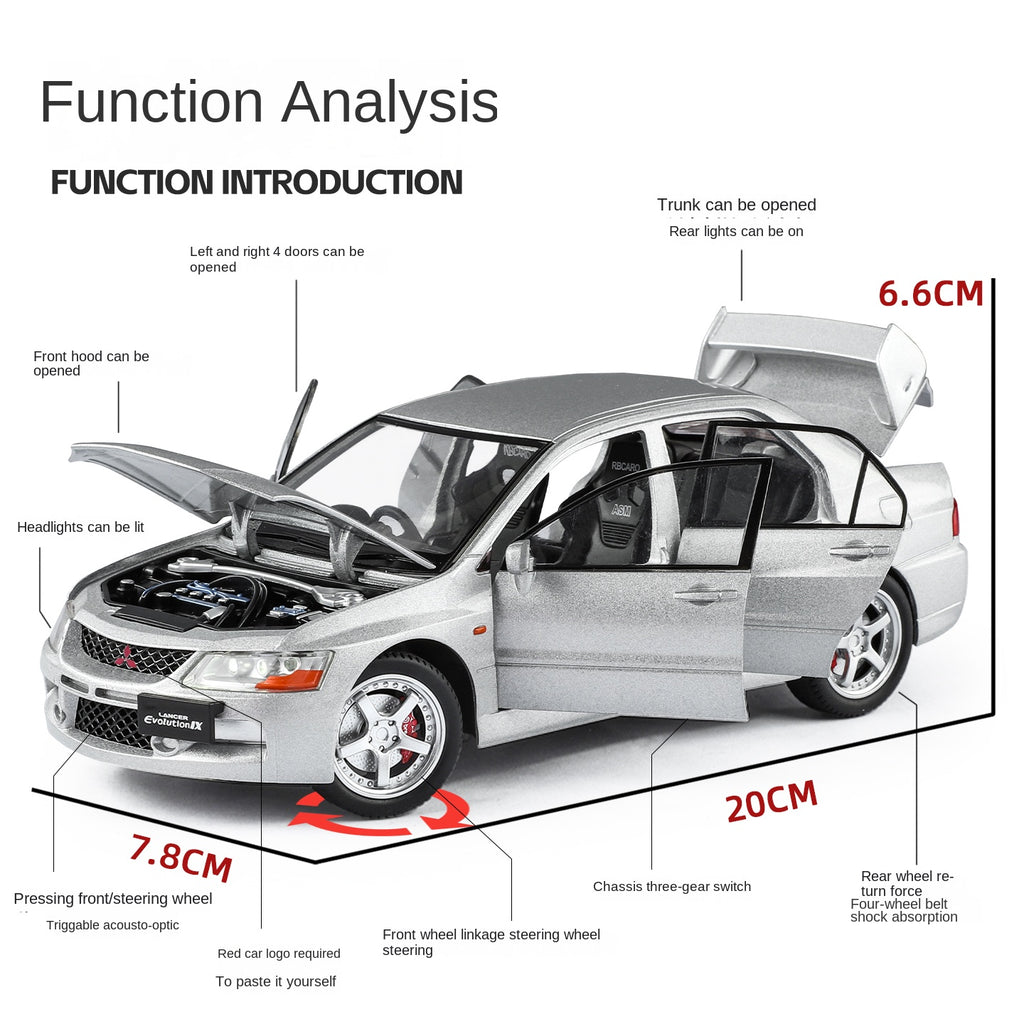 Mitsubishi Lancer Evolution IX, modelo de aleación fundida a presión con licencia a escala 1:24 de Jinglifang: puertas que se abren, sonido e iluminación, función de retroceso, amortiguación y dirección. Colección de autos deportivos JDM.