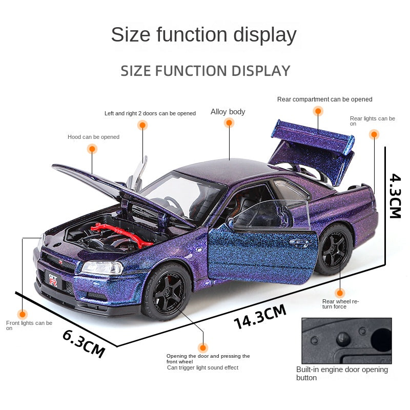 Jinglifang 1:32 Scale Die-Cast Alloy Model Toy Compatible with Nissan Skyline GT-R R34 - Opening Doors, Sound & Light, Pull-Back Function - JDM Sports Car Collection