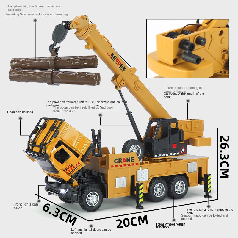 XHD 1:35 Scale Mobile Crane Engineering Vehicle Die-Cast Alloy Model Toy with Simulated Logs - Extendable & Elevating Boom, Opening Doors, Sound & Light, Pull-Back Function - Construction Vehicle Collection
