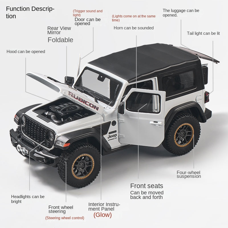 OK 1:18 Scale Die-Cast Alloy Model Toy Compatible with Jeep Wrangler Rubicon - Opening Doors, Sound & Light, Shock Absorption, Steering, Horn, Adjustable Seats & Foldable Mirrors - Off-Road Vehicle Collection