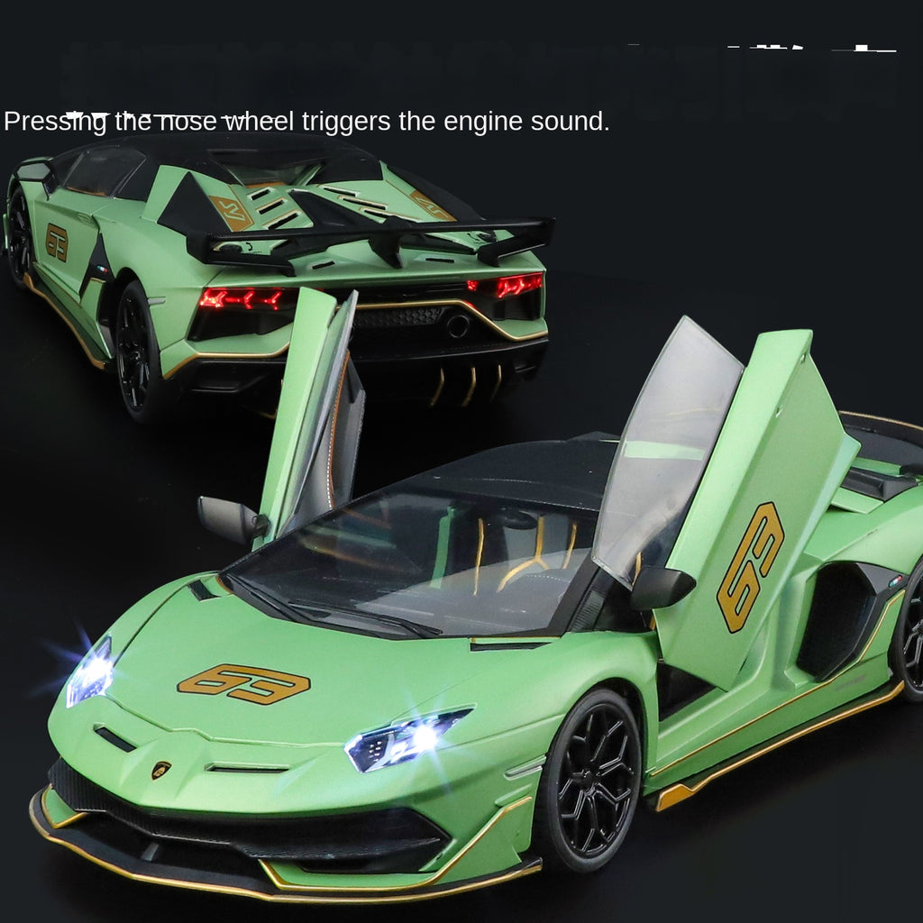 Lamborghini Aventador SVJ63 Black Mamba a escala 1:18, modelo de aleación fundida a presión con licencia: techo desmontable, puertas que se abren, sonido e iluminación, amortiguación, dirección y bocina. Colección de superdeportivos de edición limitada.