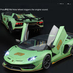 Lamborghini Aventador SVJ63 Black Mamba a escala 1:18, modelo de aleación fundida a presión con licencia: techo desmontable, puertas que se abren, sonido e iluminación, amortiguación, dirección y bocina. Colección de superdeportivos de edición limitada.