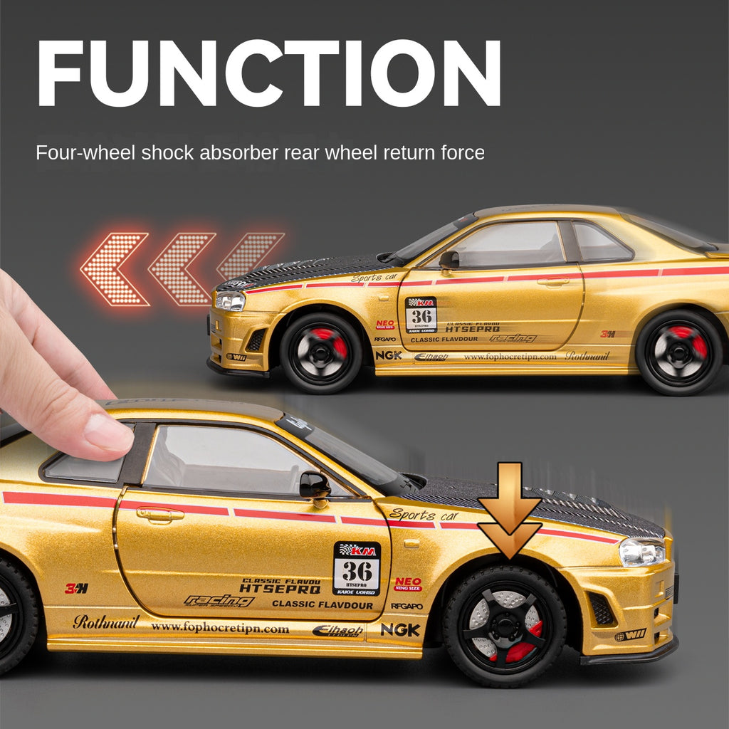 Chezhi 1:24 Scale Tuned Edition Die-Cast Alloy Model Toy Compatible with Nissan Skyline GT-R R34 - Opening Doors, Sound & Light, Pull-Back Function, Shock Absorption, Steering, Horn, Foldable Mirrors & Removable Fuel Cap - JDM Sports Car Collection