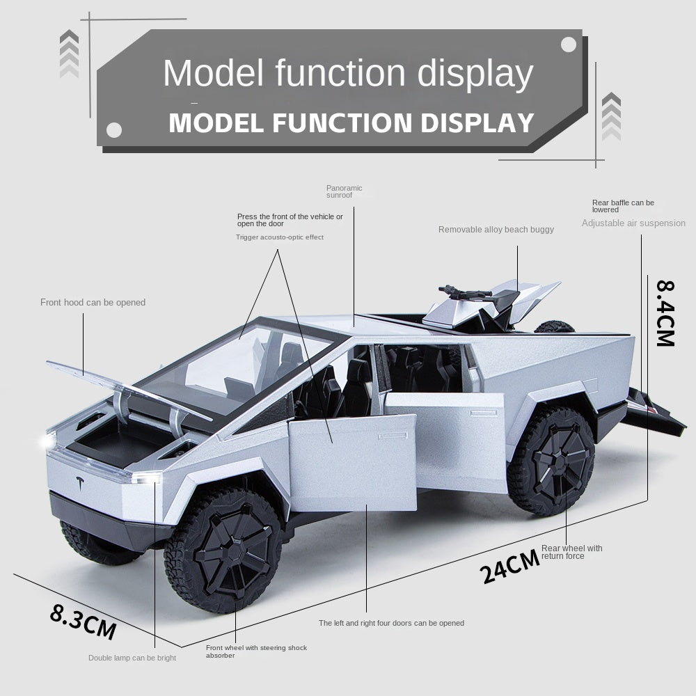 XHD 1:24 Scale Die-Cast Alloy Model Toy Compatible with Tesla Cybertruck - with Mini Motorcycle, Opening Doors, Sound & Light, Pull-Back Function, Shock Absorption & Steering - Electric Truck Collection