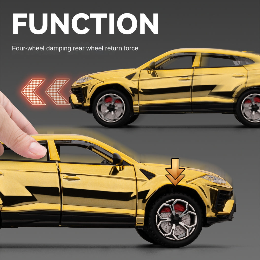 Chezhi 1:24 Scale Chrome Plated Die-Cast Alloy Model Toy Compatible with Lamborghini Urus - Opening Doors, Sound & Light, Pull-Back Function, Shock Absorption, Steering, Horn & Foldable Mirrors - Luxury SUV Collection
