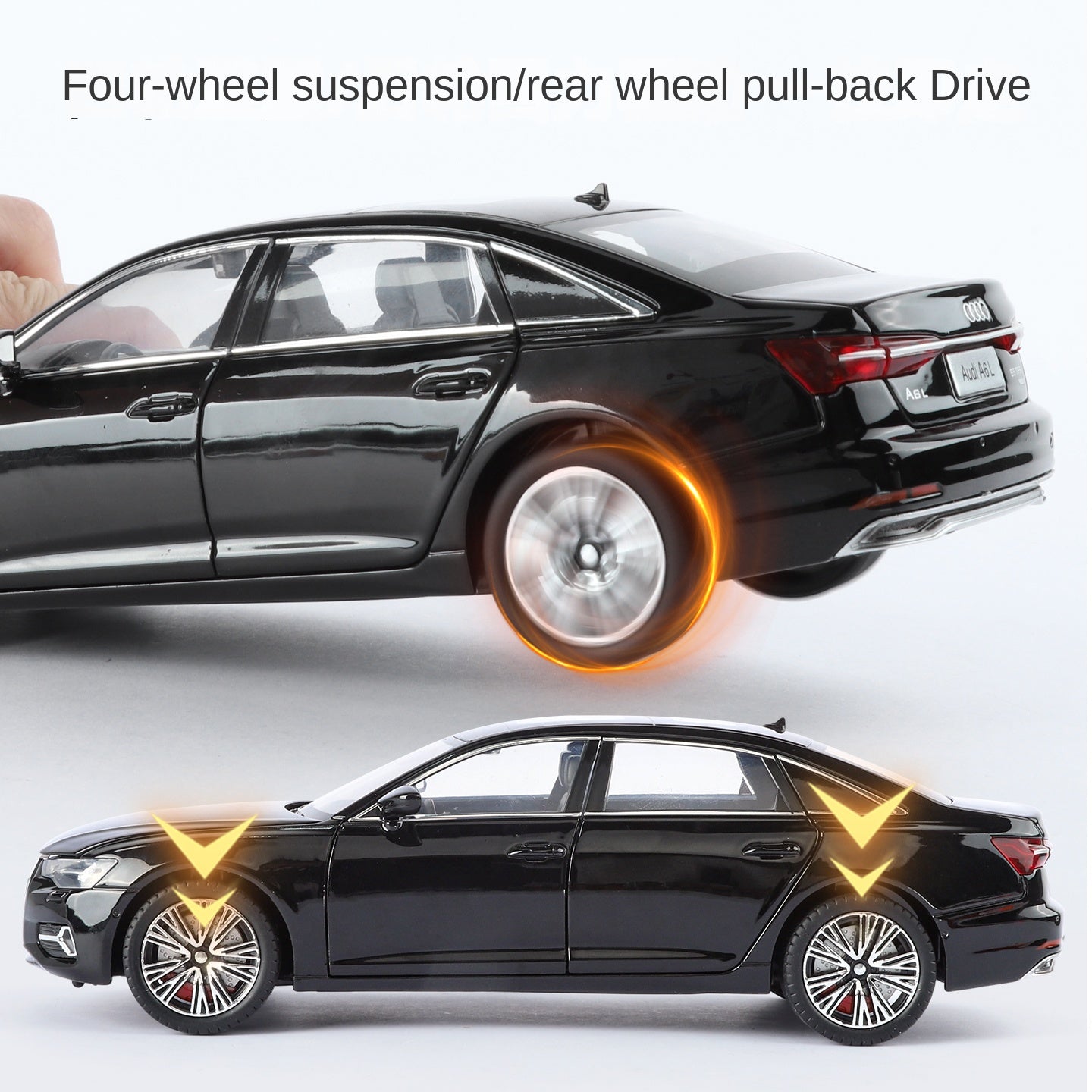 Audi A6L con licencia HaoChi a escala 1:24, modelo de aleación fundida a presión con parrilla y luces intermitentes. Puertas que se abren, sonido e iluminación, función de retroceso, amortiguación, dirección y bocina. Colección de sedanes de lujo.