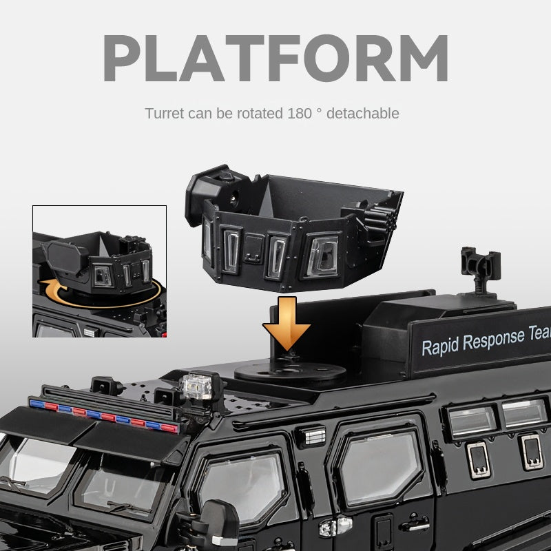 Chezhi 1:24 Licensed “Sabertooth” Armored Riot Control Vehicle Die-Cast Alloy Model - Official Police Tactical Vehicle with Extendable Winch, Foldable Running Board, Opening Doors, Sound & Light, Pull-Back Action, Shock Absorption & Steering