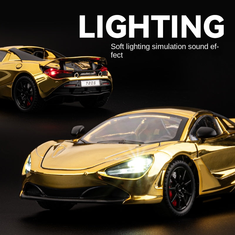 Chezhi 1:24 Scale Chrome Edition Die-Cast Alloy Model Toy Compatible with McLaren 720S - Retractable Roof Panel, Opening Doors, Sound & Light, Pull-Back Function, Shock Absorption, Steering & Horn - Supercar Collection