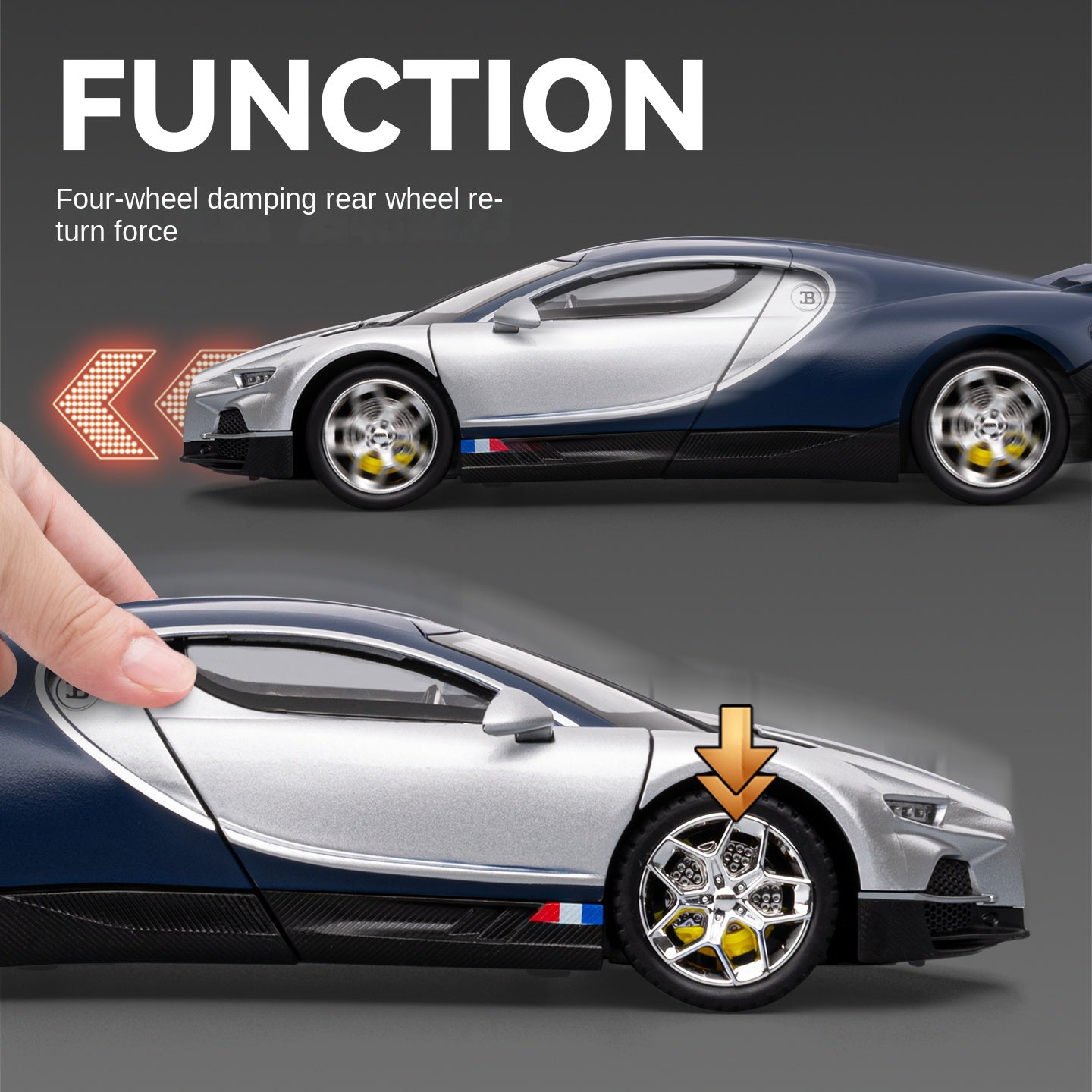 Chezhi 1:24 Scale Die-Cast Alloy Model Toy Compatible with Bugatti Tourbillon - Opening Doors, Sound & Light, Pull-Back Function, Shock Absorption, Steering, Horn, Adjustable Seats & Adjustable Rear Wing - Hypercar Collection