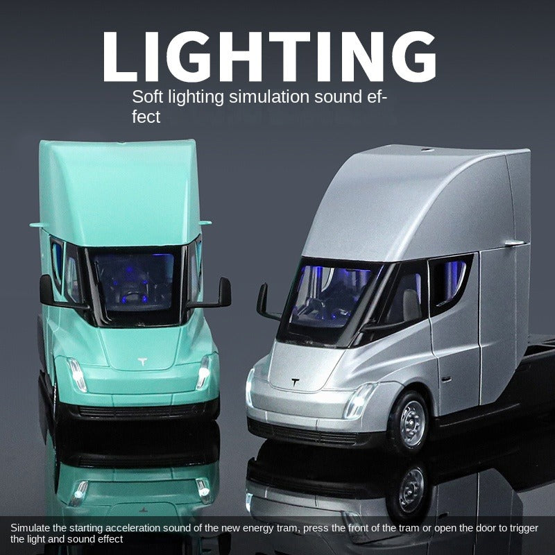 XHD 1:32 Die-Cast Alloy Model - Compatible with Tesla Semi - Electric Class 8 Truck with Opening Doors, Sound & Light, Pull-Back Action, Shock Absorption & Steering