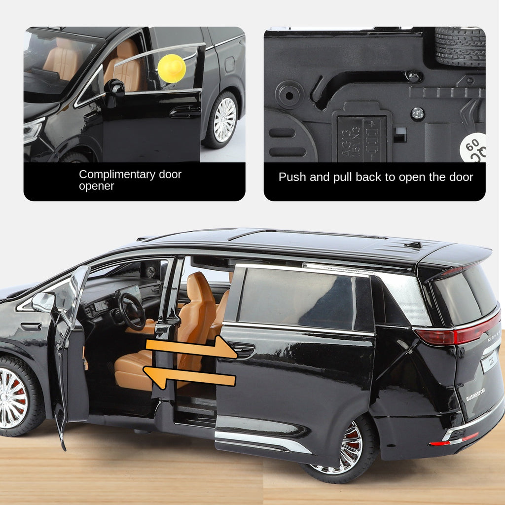 Juguete modelo ZGTX de aleación fundida a presión a escala 1:24 compatible con Denza D9: puertas que se abren, sonido e iluminación, función de retroceso, amortiguación, dirección y bocina. Colección de monovolúmenes de lujo.