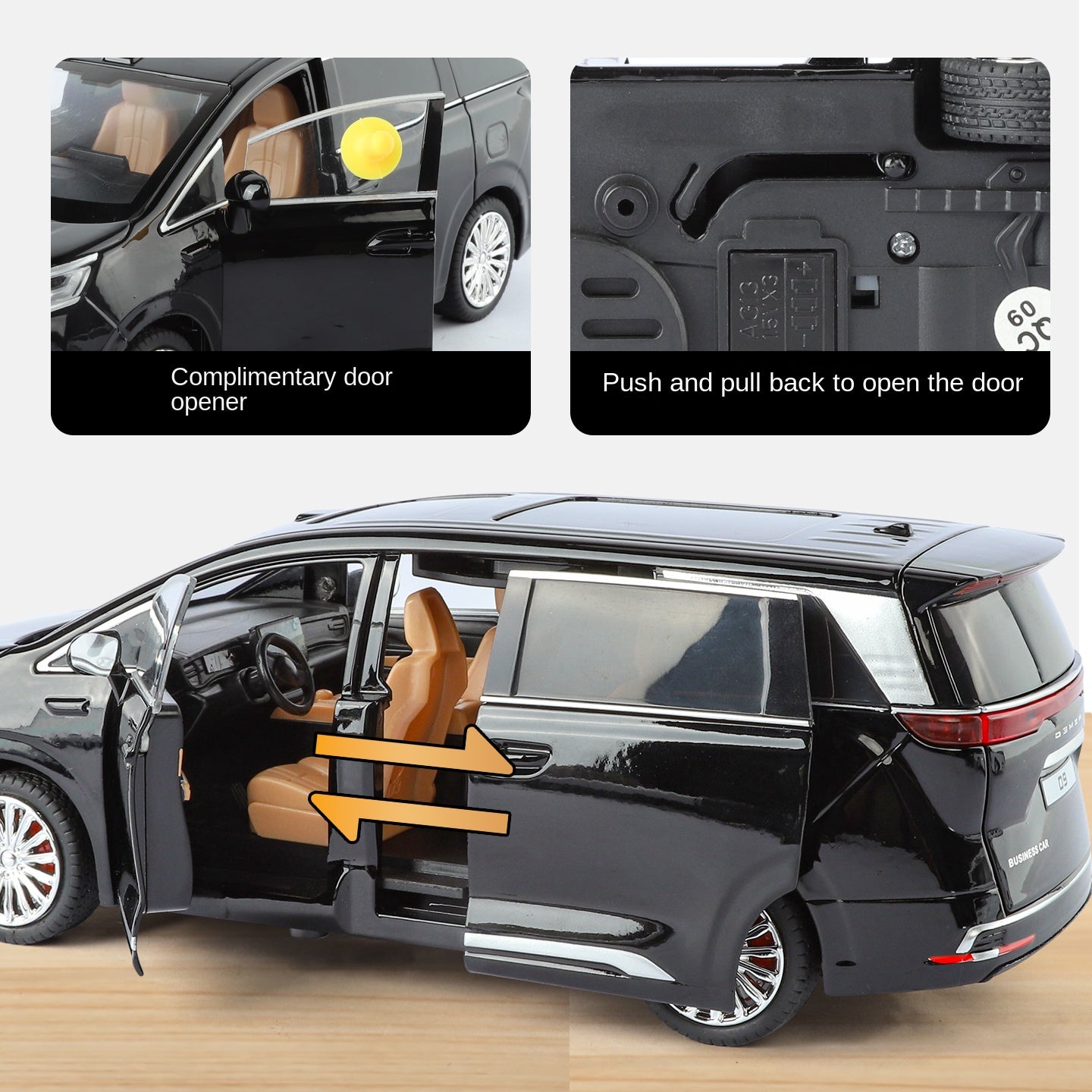 Juguete modelo ZGTX de aleación fundida a presión a escala 1:24 compatible con Denza D9: puertas que se abren, sonido e iluminación, función de retroceso, amortiguación, dirección y bocina. Colección de monovolúmenes de lujo.