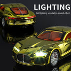 XHD 1:24 Scale Chrome Edition Die-Cast Alloy Model Toy Compatible with Bugatti Atlantic - Opening Doors, Sound & Light, Pull-Back Function, Shock Absorption, Steering, Horn with Mini Luggage Set - Classic Car Collection