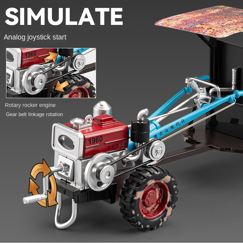 1:24 Die-Cast Alloy Walk-Behind Tractor Model - Walking Tractor with Simulated Starting Crank, Sound & Light, Pull-Back Action, Steering, Liftable Trailer & Lowerable Tailgate