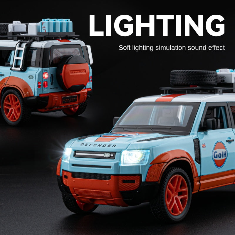 Beleying 1:24 Die-Cast Alloy Model - Compatible with Land Rover Defender - Gulf Oil / Camel Trophy Limited Edition with Roof Rack, Opening Doors, Sound & Light, Pull-Back Action & Shock Absorption
