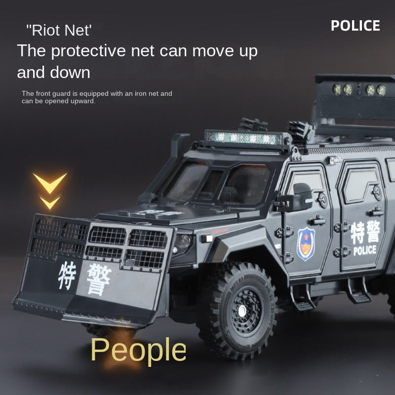 OK 1:24 Die-Cast Alloy Riot Control & Dispersion Vehicle “Spinosaurus” Model - with Deployable Protective Mesh, Opening Doors, Sound & Light, Pull-Back Action, Shock Absorption & Interactive Steering Wheel