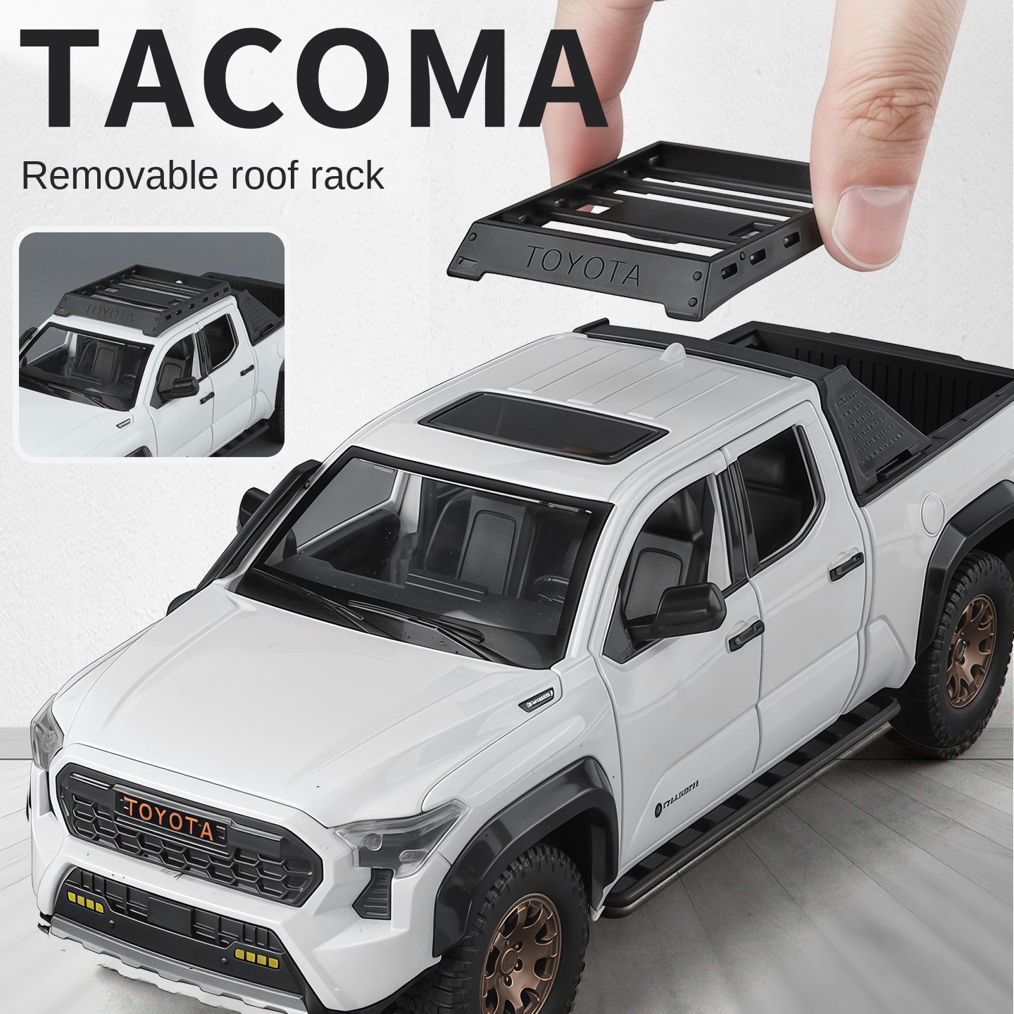 ZGTX 1:24 Scale Licensed Toyota Tacoma Die-Cast Alloy Pickup Truck Model Toy - Opening Doors, Sound & Light, Pull-Back Function, Shock Absorption, Steering, Horn & Removable Roof Rack - Off-Road Truck Collection