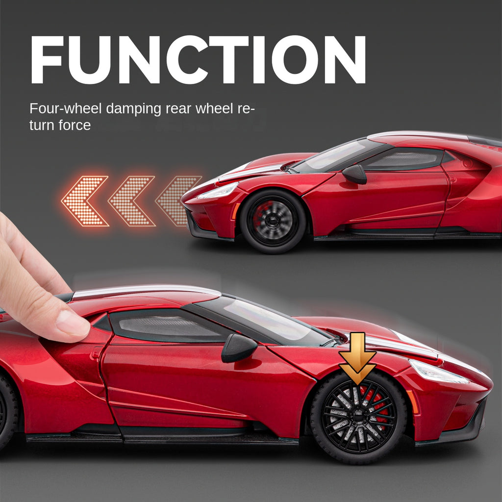 Chezhi 1:24 Scale Die-Cast Alloy Model Toy Compatible with Ford GT - Opening Doors, Sound & Light, Pull-Back Function, Shock Absorption, Steering, Horn & Adjustable Rear Wing - Supercar Collection
